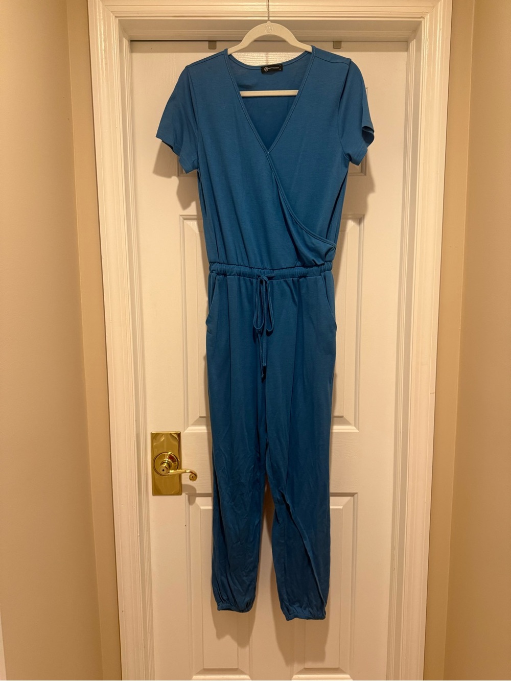 Women’s Teal Short-Sleeve Wrap Jumpsuit with Drawstring Waist